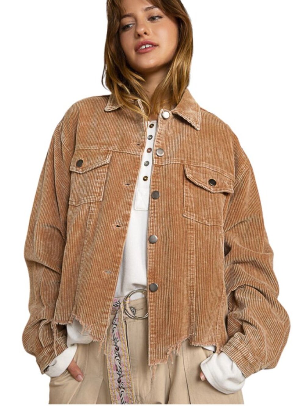 POL Frayed Hem Corduroy Trucker Jacket Teddy Bear Brown Size Large - Picture 1 of 8